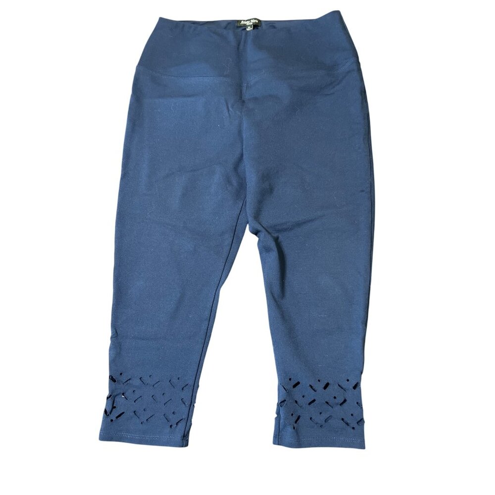 Athena Marie Navy Blue Capri Leggings Laser Cut Details Stretch Fabric Size LP